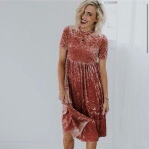 Roolee Halsey Pink Velvet Midi Dress